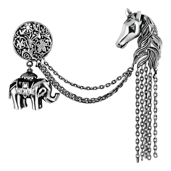 Mahi Antique Rhodium Plated Baby Elaphant and Horse Face Shaped Floral Brooch Pin with Chain for Men (BP1101101R)