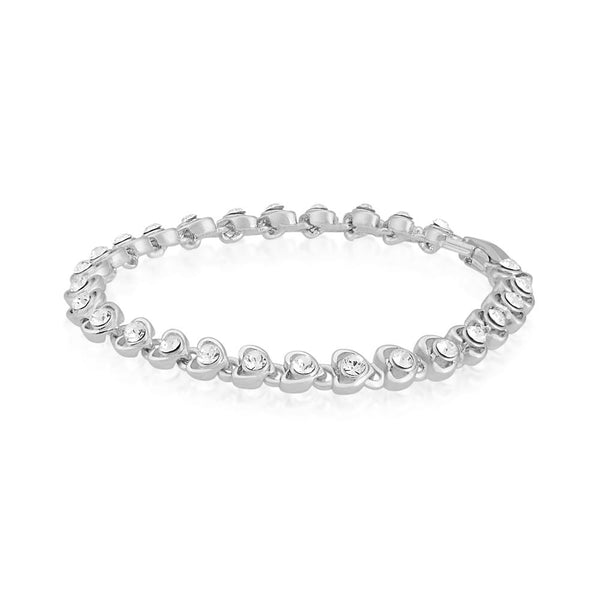 Mahi Rhodium Plated White Hearts Bracelet With Crystals For Women