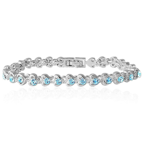 Mahi Rhodium Plated Tiny Blue Hearts Bracelet With Crystals For Women