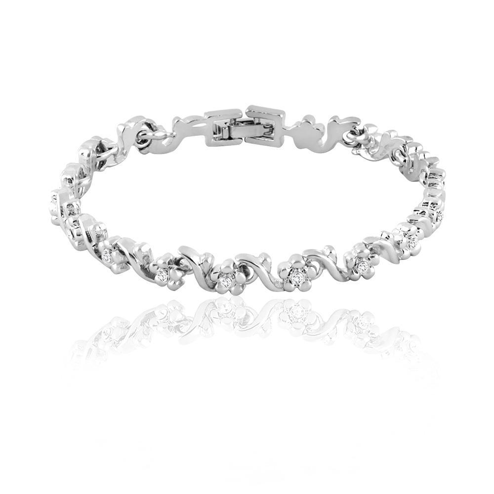 Mahi Rhodium Plated Floral And Leaves Bracelet With Crystal For Women