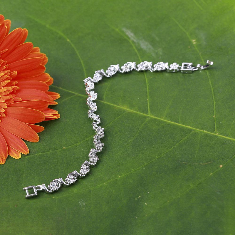 Mahi Rhodium Plated Floral And Leaves Bracelet With Crystal For Women
