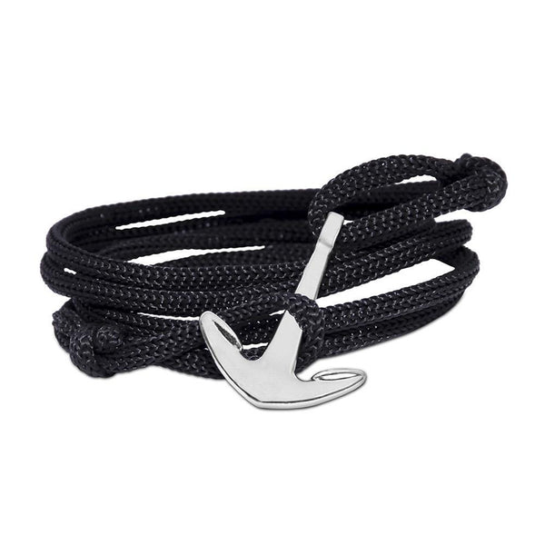 Mahi Anchor In Loop Rhodium Plated Adjustable Black Rope Style Unisex Bracelet