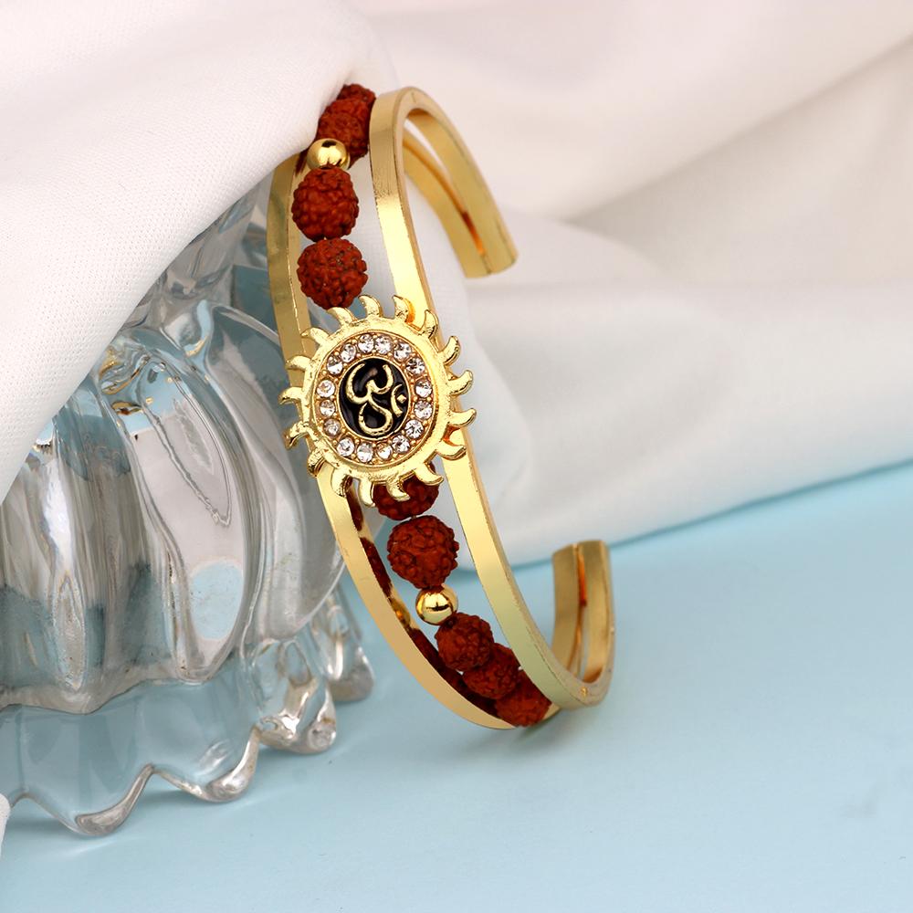 Mahi Om Sun Cuff Kada Bracelet with Rudraksh and Crystal for Men BR1100422G