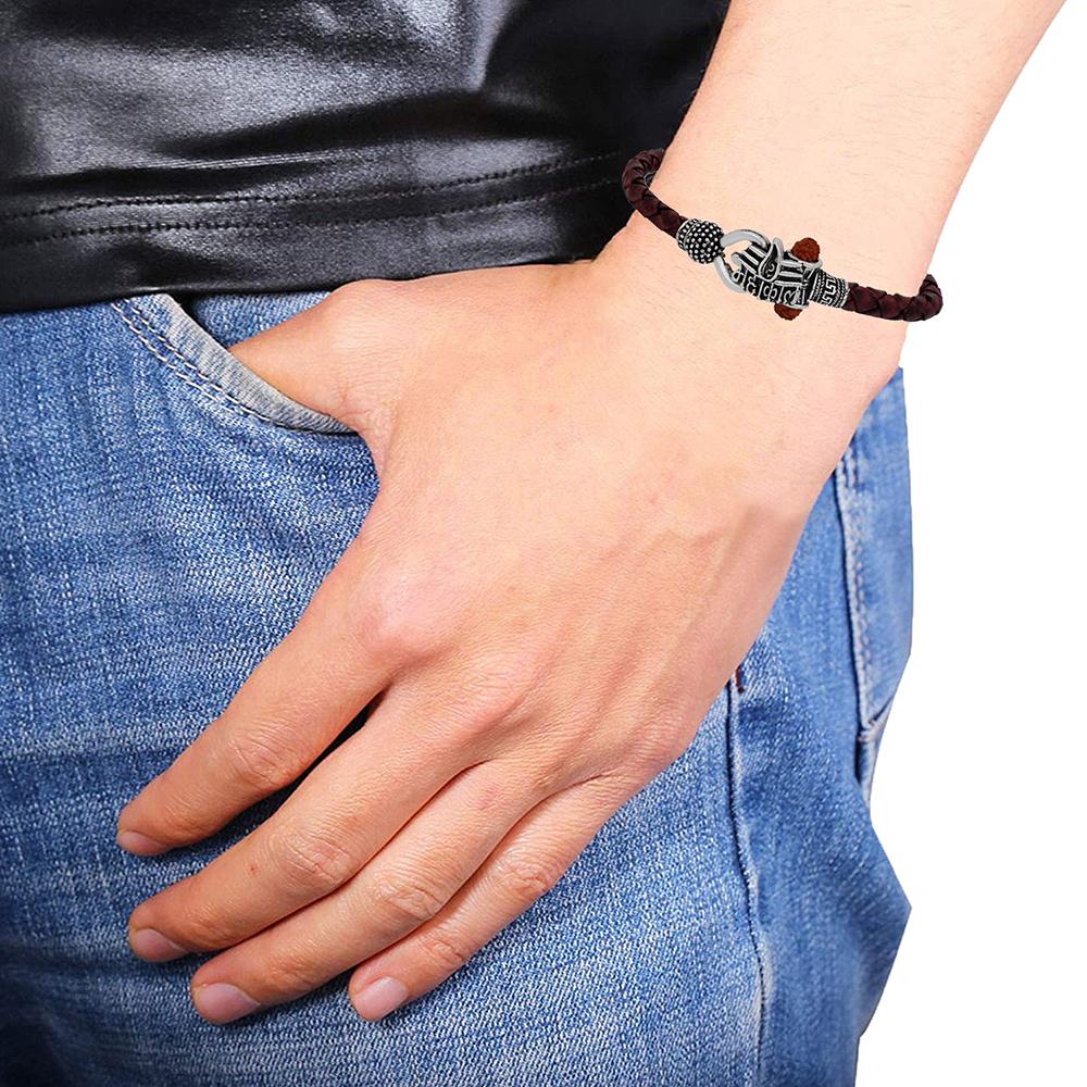 Mahi Rudraksh Lord Shiv Trishul Mahakal Damru Designer Oxidized Leather Kadas Bracelet Cuff for Men (BR1100425R)