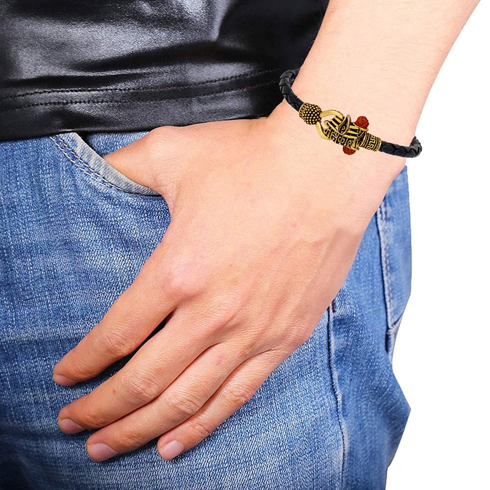 Mahi Rudraksh Lord Shiv Trishul Mahakal Damru Designer Leather Kadas Bracelet Cuff for Men (BR1100426G)
