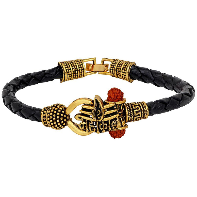 Mahi Rudraksh Lord Shiv Trishul Mahakal Damru Designer Leather Kadas Bracelet Cuff for Men (BR1100426G)