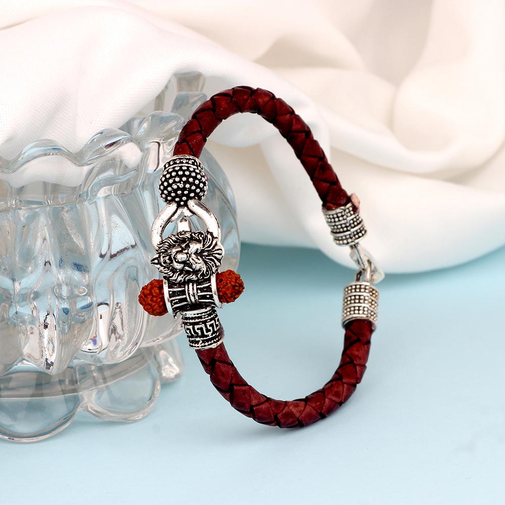 Mahi Lord Shiv Trishul Damru Narasimha Rudraksh Leather Bracelet Kada for Men (BR1100430R)