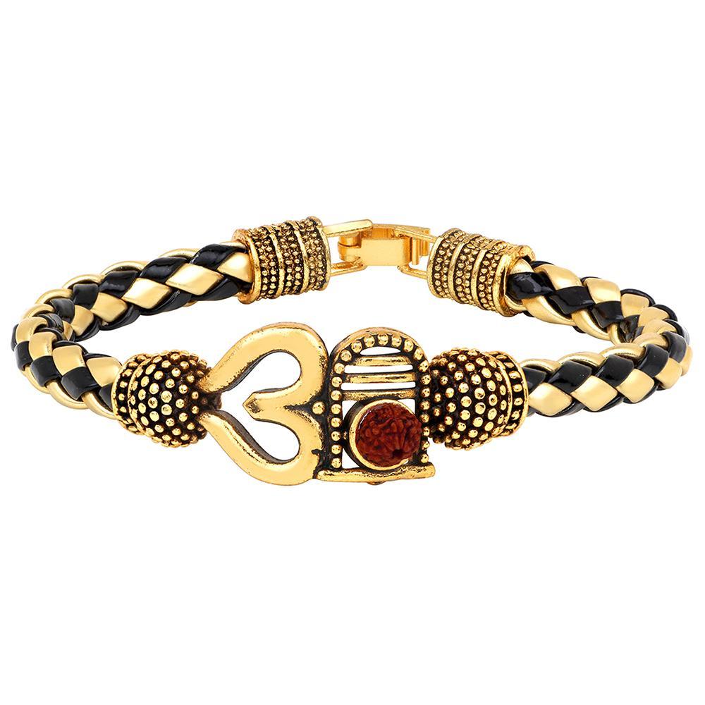 Mahi Om Shiva Trishul Om Rudraksha Alloy and Leather Kada Bracelets for Men (BR1100436G)