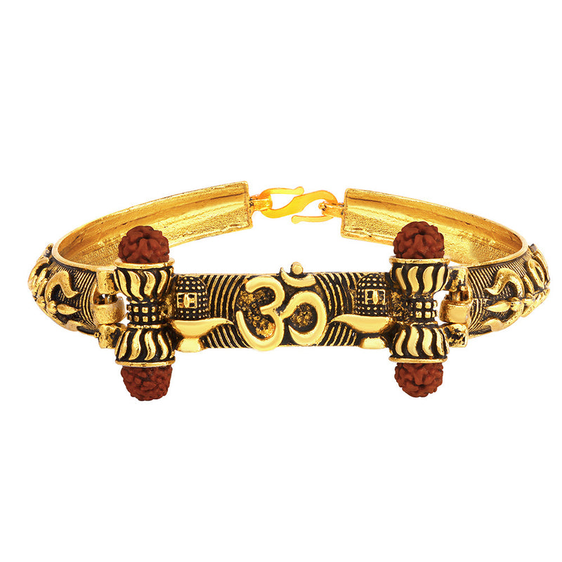 Mahi Antique Gold Plated Shivlinga OM Trishul Rudraksha Bracelet Kada for Mens (BR1100472G)