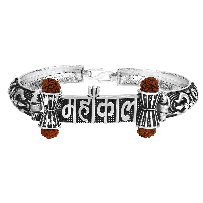 Mahi Silver Oxidised Plated Trishul Mahakal Rudraksha Bracelet Kada for Mens (BR1100473R)