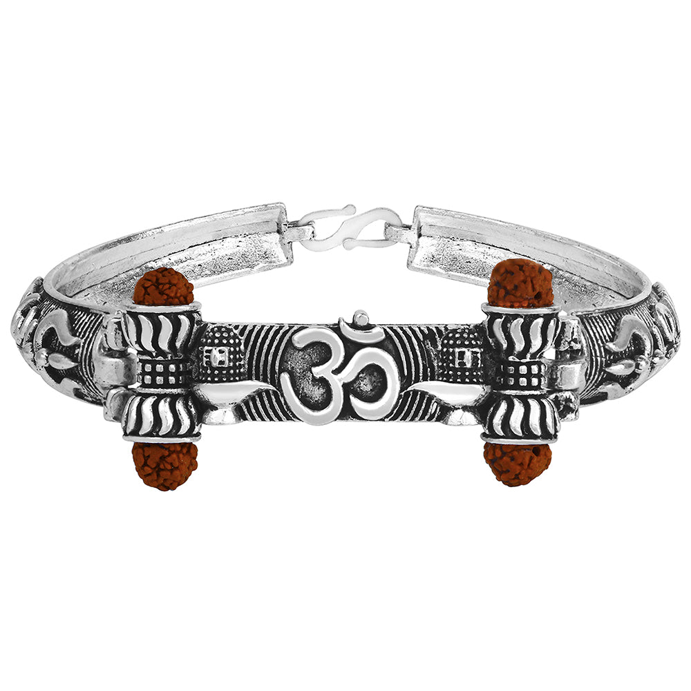 Mahi Silver Oxidised Plated Shivlinga OM Trishul Rudraksha Bracelet Kada for Mens (BR1100477R)