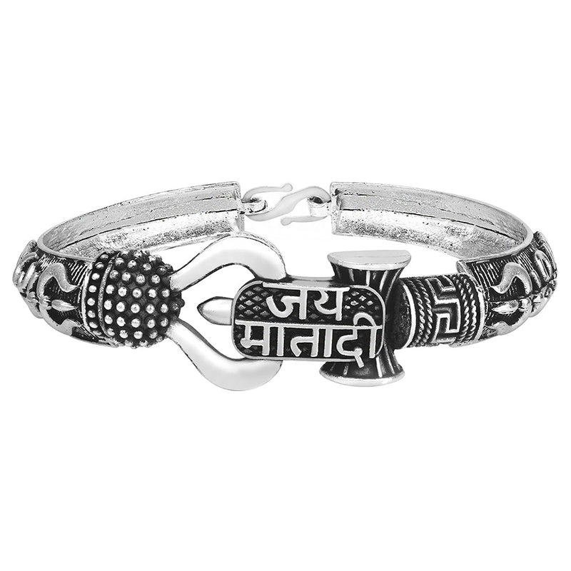 Mahi Silver Oxidised Plated Jay Mata Di and Trishul Bracelet Kada for Mens (BR1100480R)