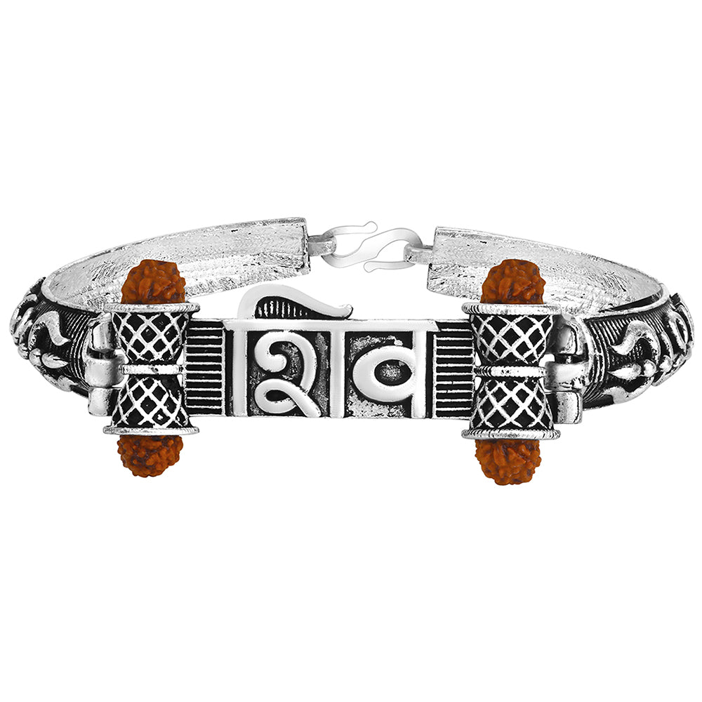 Mahi Silver Oxidised Plated Shiv and Trishul Rudraksha Bracelet Kada for Mens (BR1100483R)