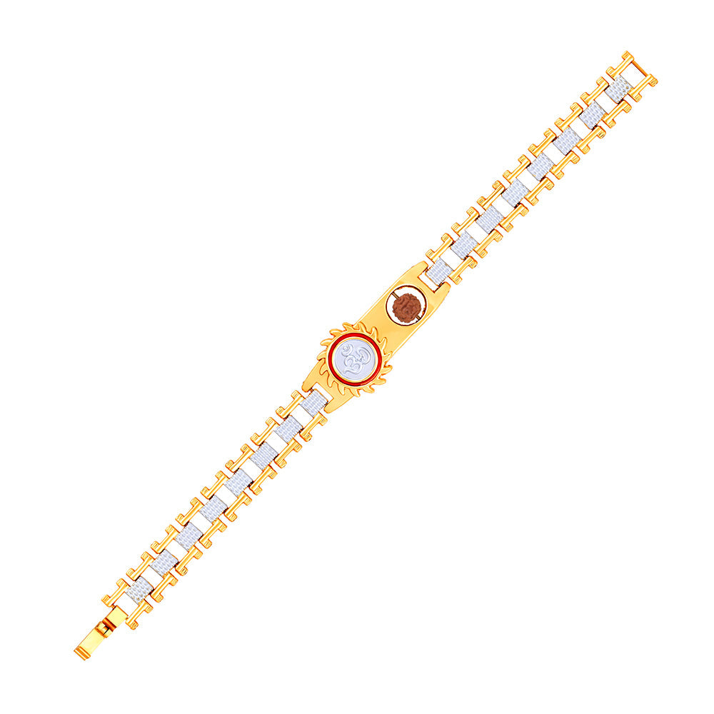 Mahi Gold and Rhodium Plated Om Sun Kada Bracelet with Rudraksh and Red Mee Work for Men (BR1101024M)