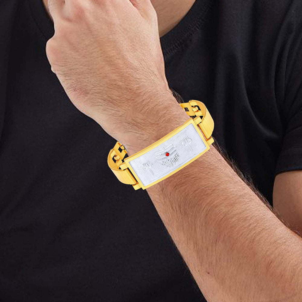 Mahi Gold and Rhodium Plated Mahakal and Trishul Broad Bracelet Kada for Men (BR1101025M)