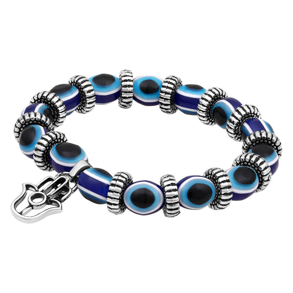 Mahi Evil Eye & Hamsa Charm Beaded Strechable Unisex Nazariya Bracelet (BR1101026R)