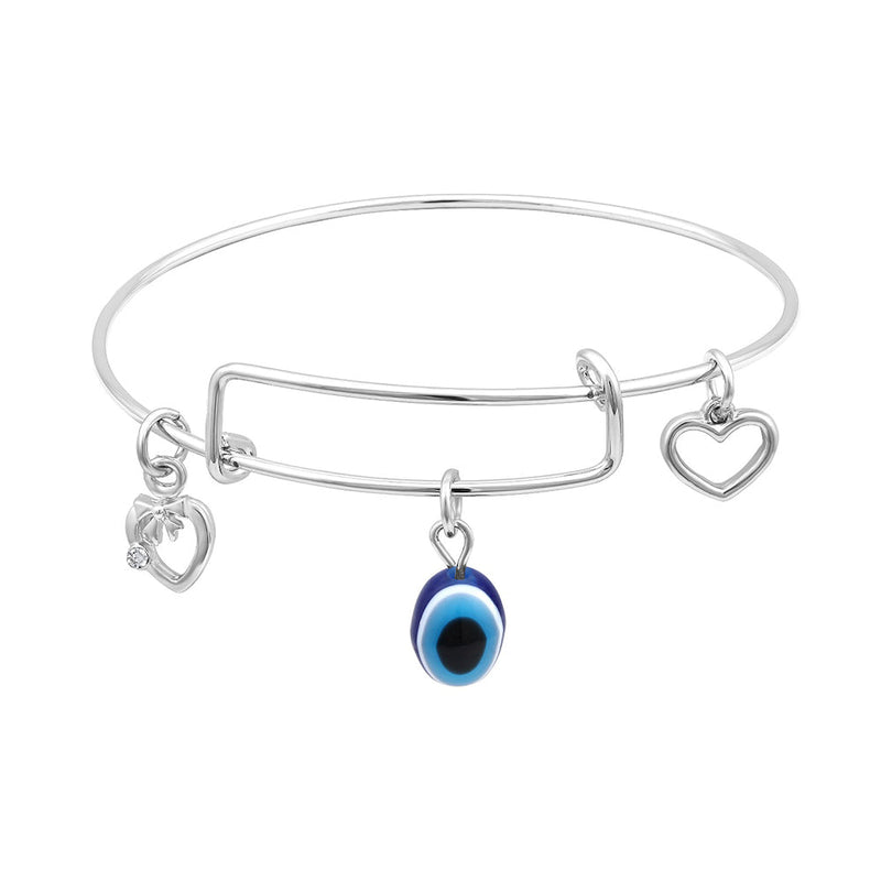 Mahi Rhodium Plated Evil Eye and Heart Charms Adjustable Kada Bracelet for Women (BR1101036R)