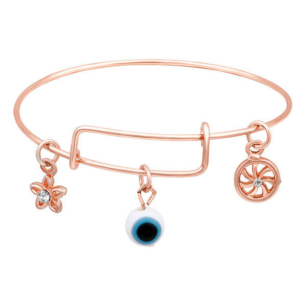 Mahi Rose Gold Plated Evil Eye, Star and Wheel Shaped Charms Adjustable Kada Bracelet for Women (BR1101037Z)