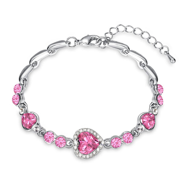 Mahi Rhodium Plated Valentine Collection Magical Love Heart Bracelet with Pink Crystal Stones - BR2100340RPin