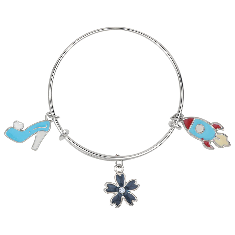 Mahi Sandal, Rocket & Floral Shaped Rhodium Plated Enamel Work Charms Bracelet for Kids (BRK1100885R)