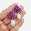 JewelTreeTz Gold Plated Beautiful Micro Pave Petal with Pearl Drops Earrings (Piece 1 Only)