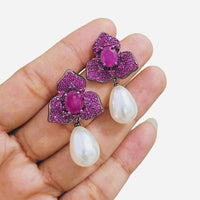 JewelTreeTz Gold Plated Beautiful Micro Pave Petal with Pearl Drops Earrings (Piece 1 Only)