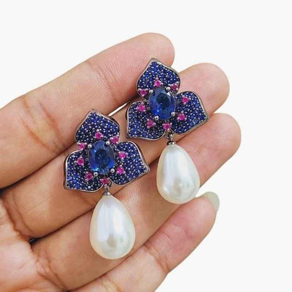 JewelTreeTz Gold Plated Beautiful Micro Pave Petal with Pearl Drops Earrings (Piece 1 Only)