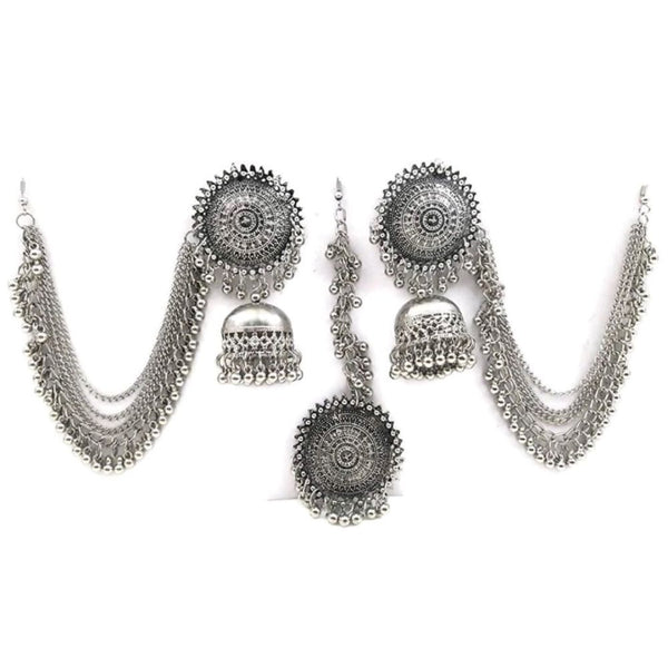 Blythediva Pack Of 3 Oxidised Plated Floral Jhumka Earrings With Maangtikka