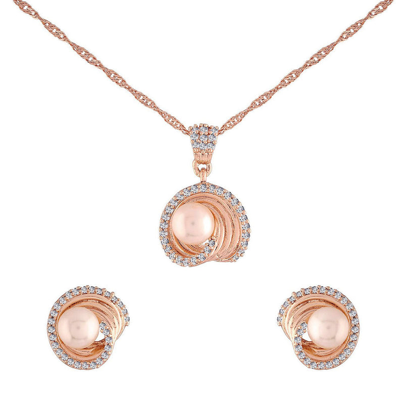 Etnico 18k Rose Gold Plated Glittering Cubic Zirconia Designer Chain Pendent Necklace Jewellery Set with Pearl Drop Earring for Women & Girls (CH39)
