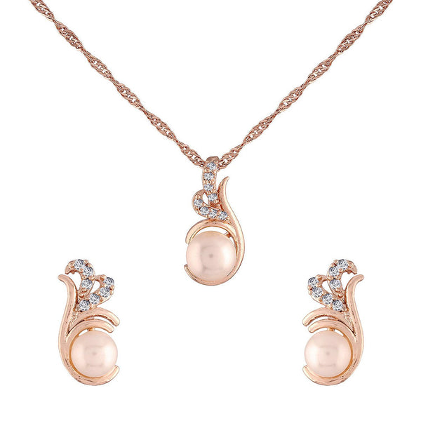 Etnico 18k Rose Gold Plated Glittering Cubic Zirconia Designer Chain Pendent Necklace Jewellery Set with Pearl Drop Earring for Women & Girls (CH40)