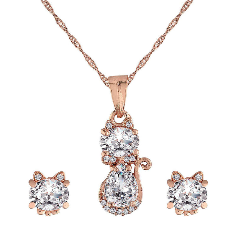 Etnico 18k Rose Gold Plated Glittering American Diamond CZ Zircon Chain Pendent Necklace Set for Women & Girls (CH46RG)