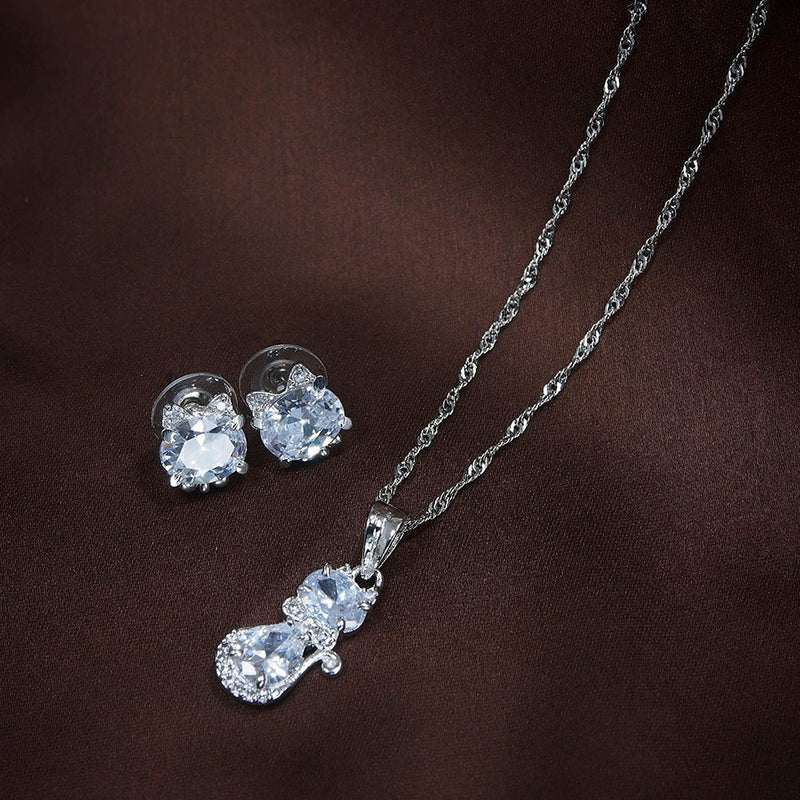 Etnico 18k Rhodium Plated Glittering American Diamond CZ Zircon Chain Pendent Necklace Set for Women & Girls (CH46S)