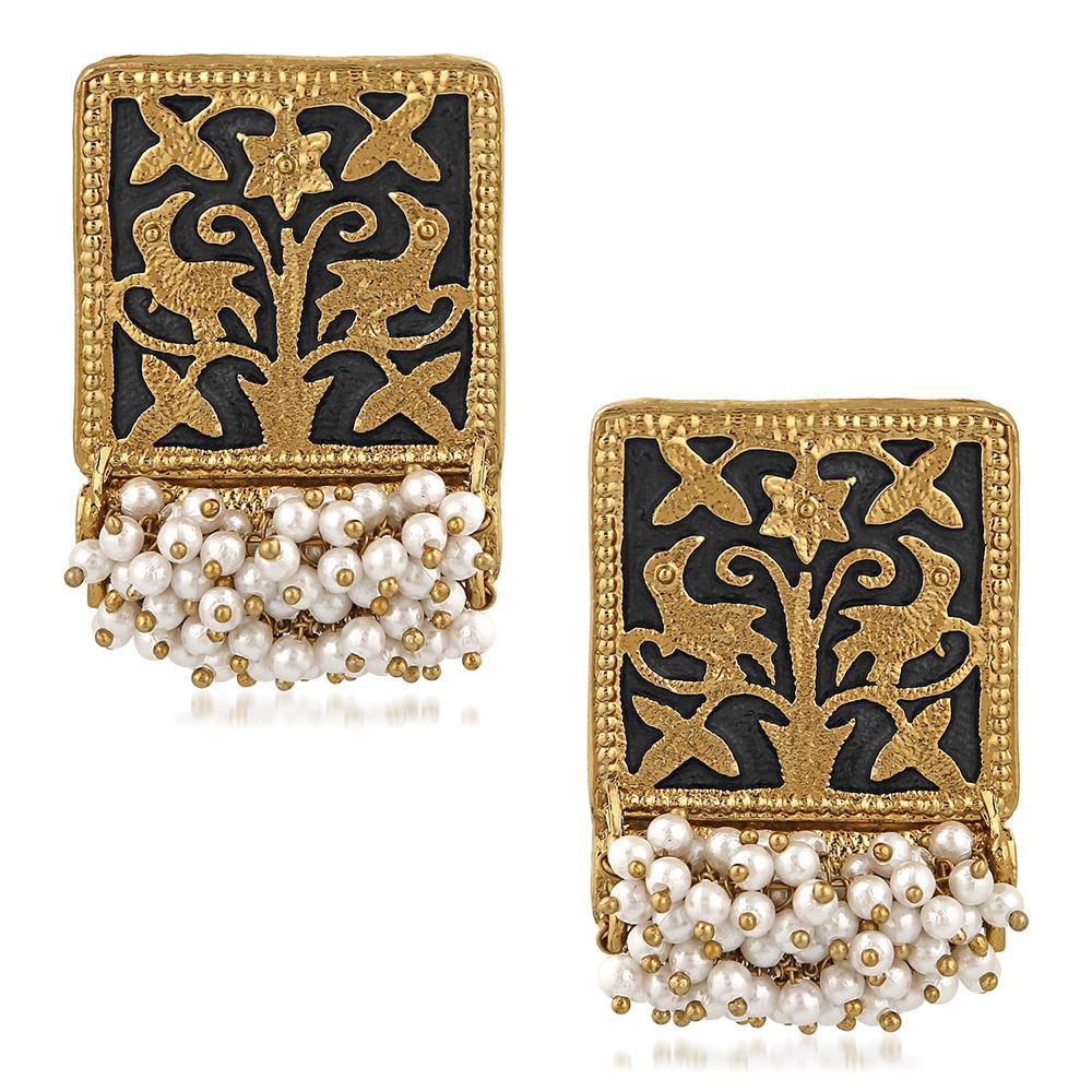Mahi Ethnic Meenakari Work Rectangular Shape Dangler Earring with Artificial Pearl for Women VECJ100138Bla