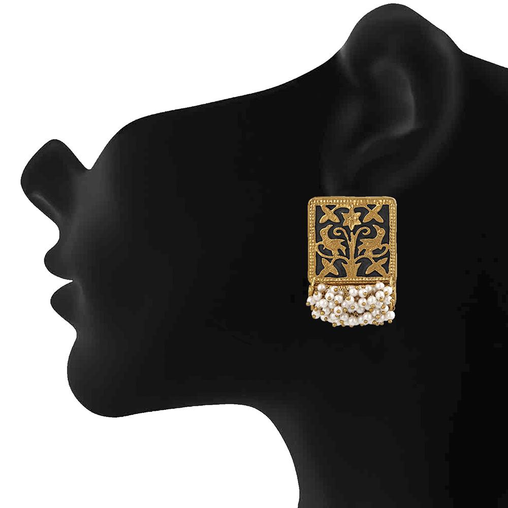 Mahi Ethnic Meenakari Work Rectangular Shape Dangler Earring with Artificial Pearl for Women VECJ100138Bla