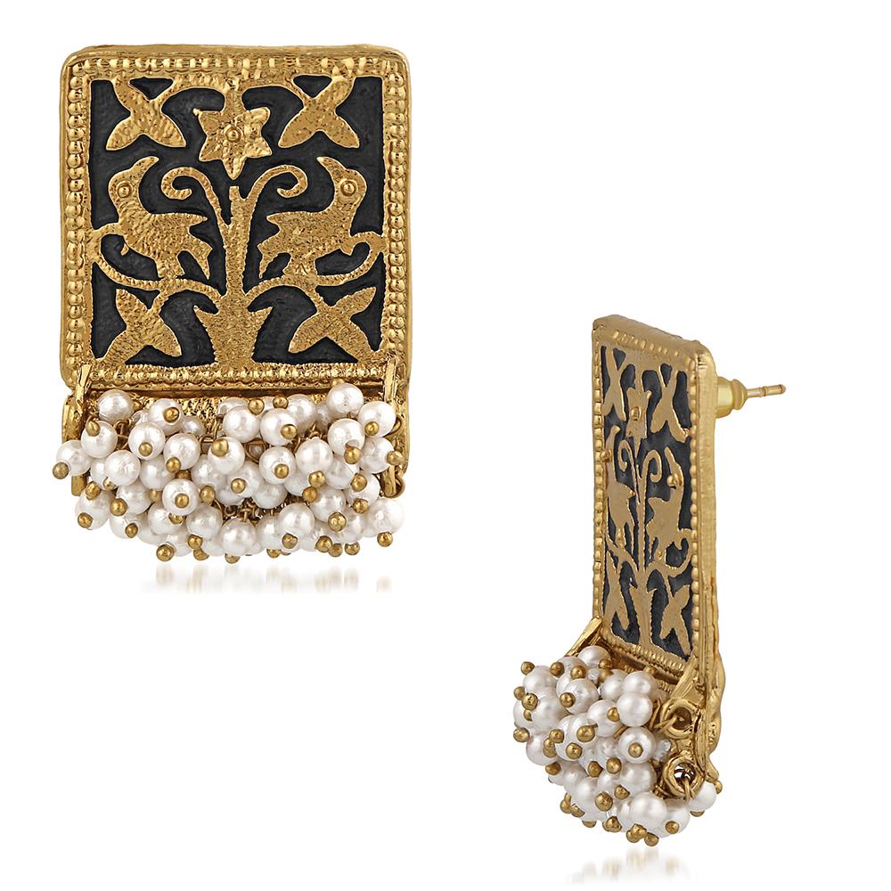 Mahi Ethnic Meenakari Work Rectangular Shape Dangler Earring with Artificial Pearl for Women VECJ100138Bla