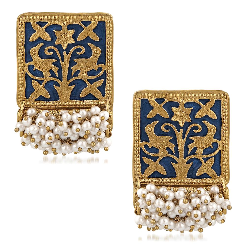 Mahi Ethnic Meenakari Work Rectangular Shape Dangler Earring with Artificial Pearl for Women VECJ100138Blu