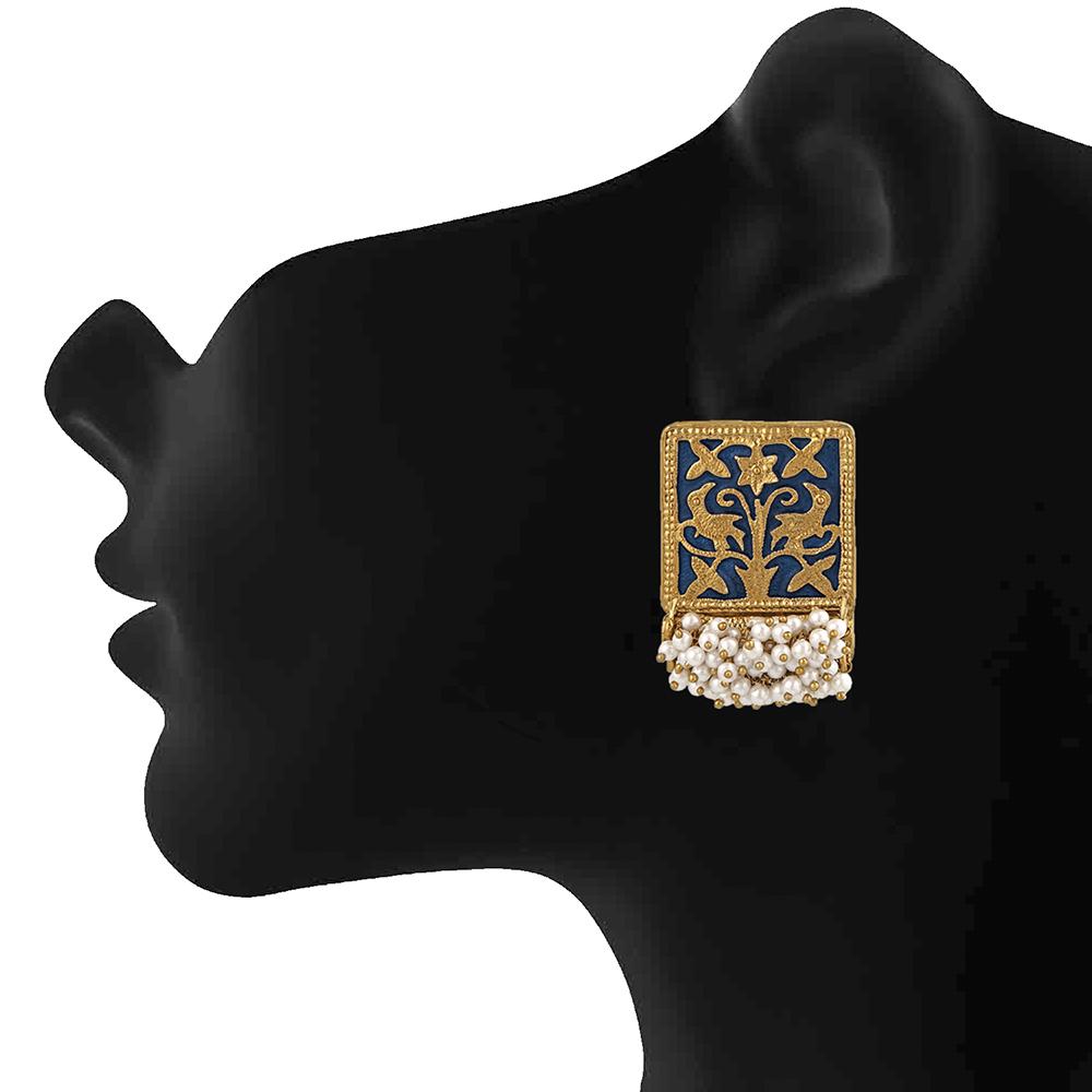 Mahi Ethnic Meenakari Work Rectangular Shape Dangler Earring with Artificial Pearl for Women VECJ100138Blu