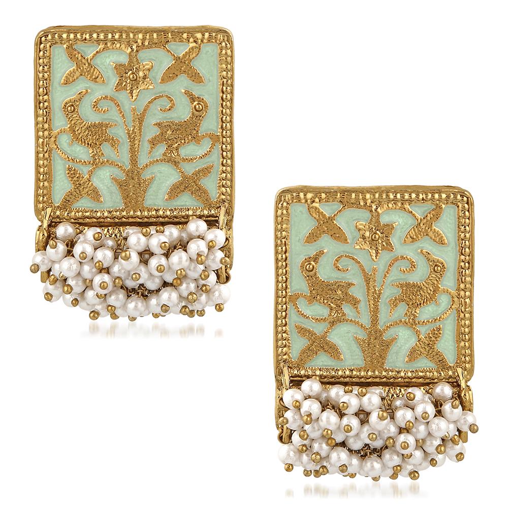 Mahi Ethnic Meenakari Work Rectangular Shape Dangler Earring with Artificial Pearl for Women VECJ100138Fir