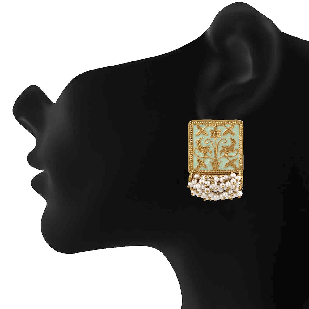 Mahi Ethnic Meenakari Work Rectangular Shape Dangler Earring with Artificial Pearl for Women VECJ100138Fir