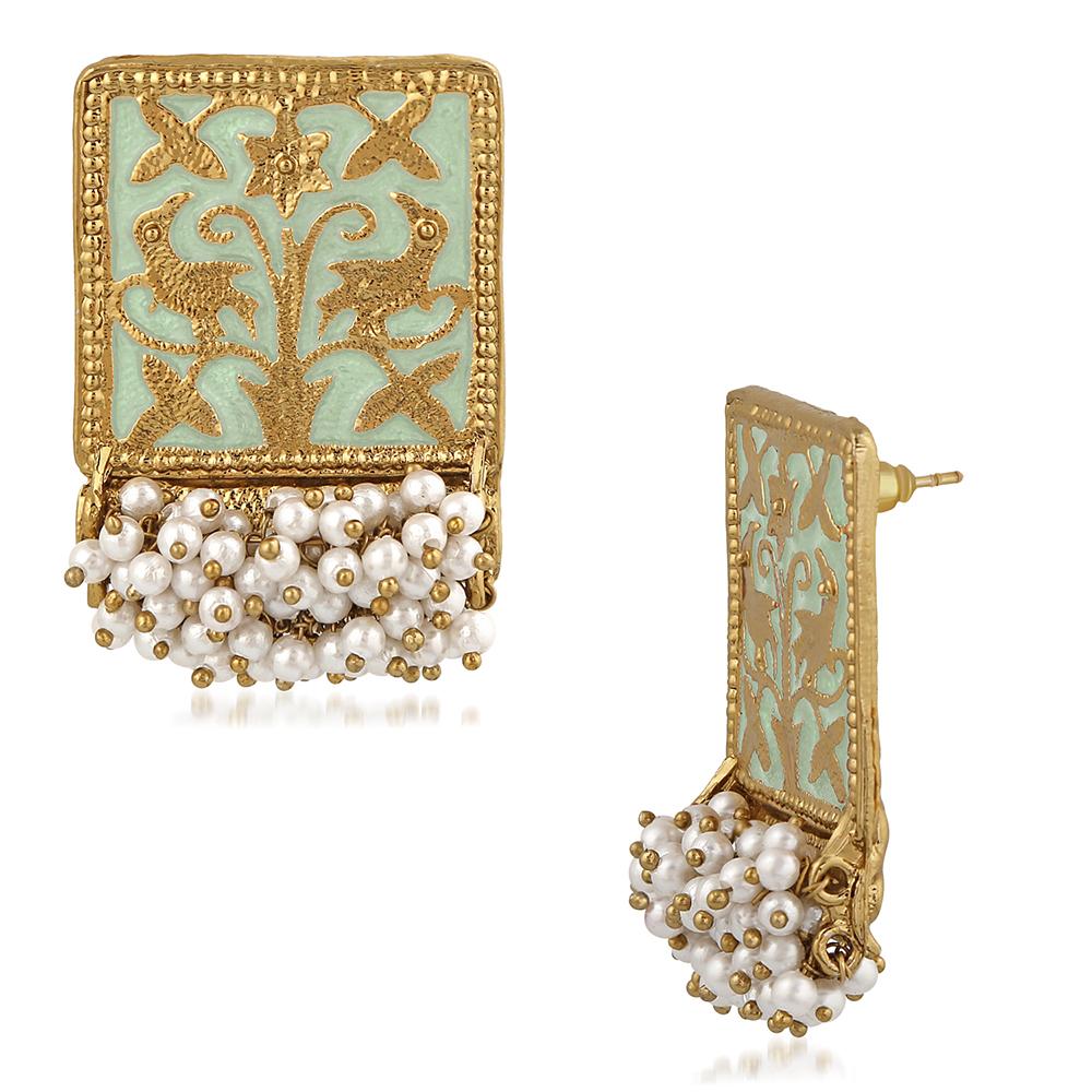 Mahi Ethnic Meenakari Work Rectangular Shape Dangler Earring with Artificial Pearl for Women VECJ100138Fir
