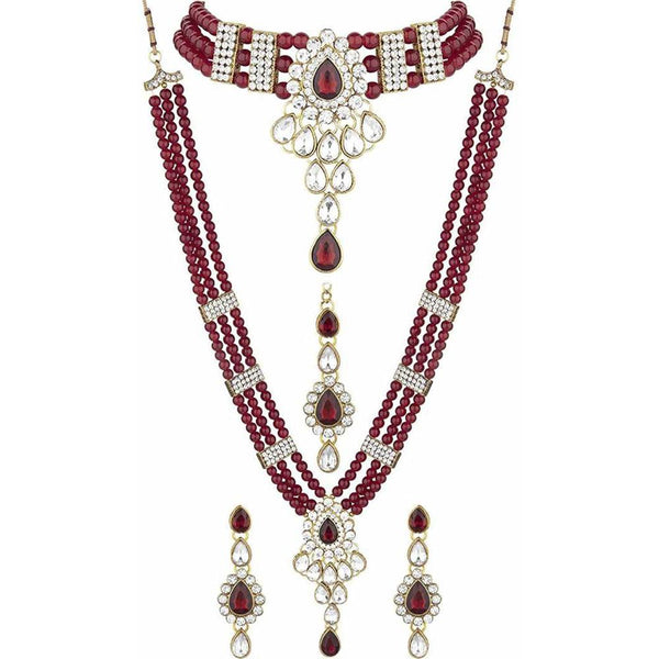 Mahi Ethnic Gold Plated Maroon and White Kundan Necklace set for Women VNCJ100158Mar