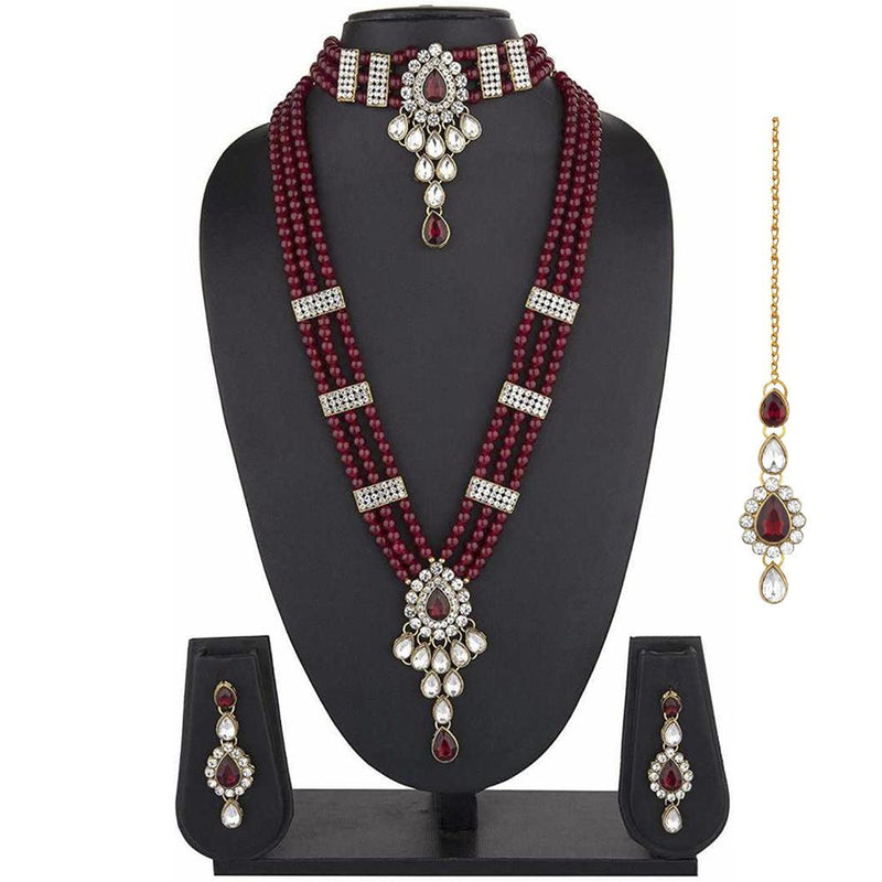 Mahi Ethnic Gold Plated Maroon and White Kundan Necklace set for Women VNCJ100158Mar