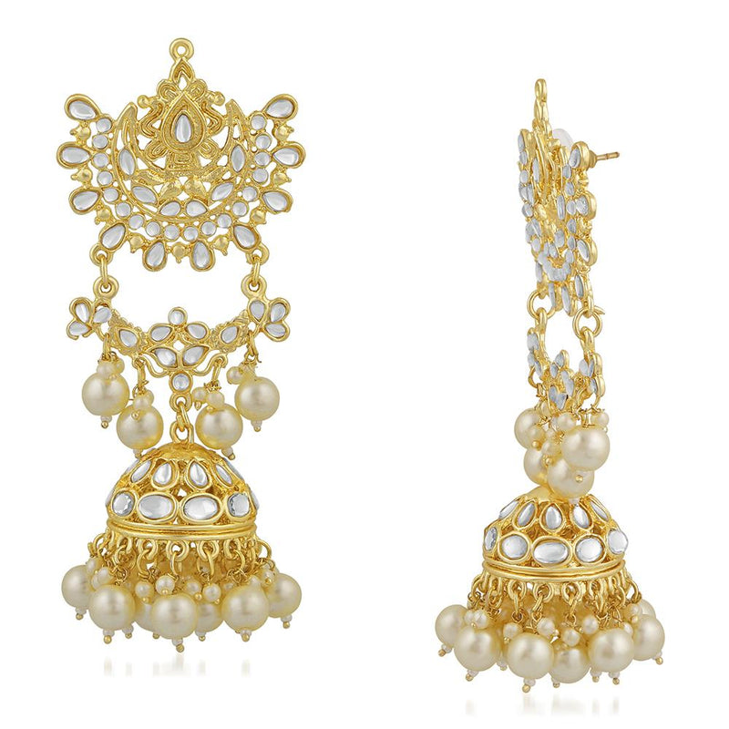 Mahi Ethnic Gold Plated White Kundan Long Dangler Jhumki Earring For Women VECJ100195