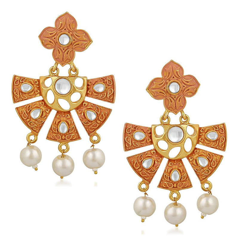 Mahi Traditional Gold Plated Floral Kundan Dangel Earring with Meenakari Work For Women VECJ100203