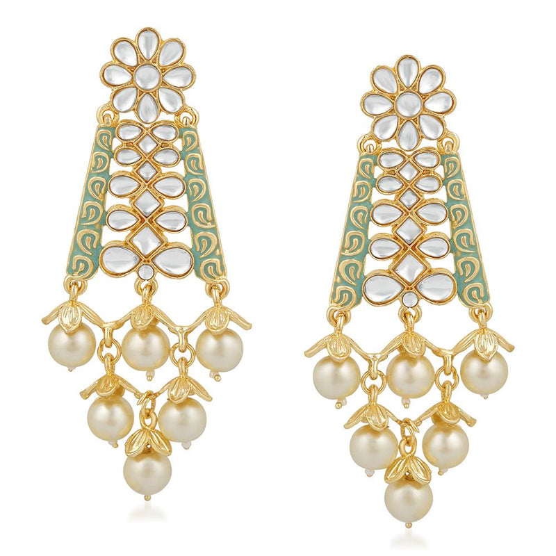 Mahi Ethnic Gold Plated White Kundan Floral Triangular Green Meenakari Work Dangler Earring For Women VECJ100205