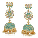 Mahi Ethnic White Kundan Lotus Flower Shaped Green Meenakari Work Dangler Jhumki Earring For Women VECJ100206FRZ