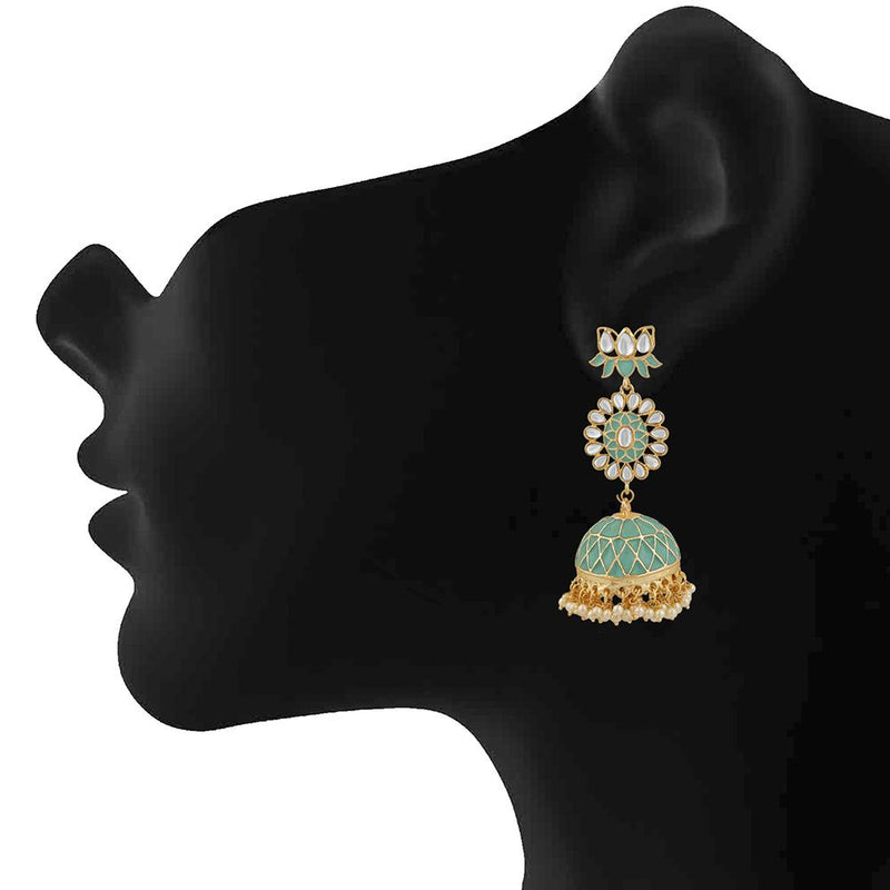 Mahi Ethnic White Kundan Lotus Flower Shaped Green Meenakari Work Dangler Jhumki Earring For Women VECJ100206FRZ