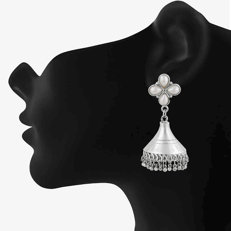 Mahi Oxidised Rhodium Plated Floral Dangler Jhumki Artificial Pearl Earrings for Women VECJ100208