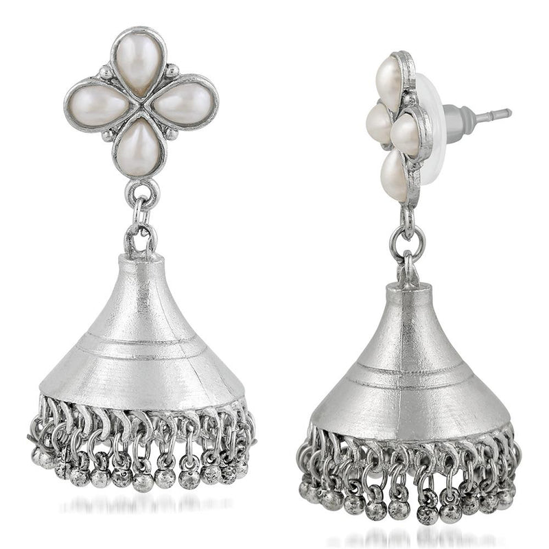 Mahi Oxidised Rhodium Plated Floral Dangler Jhumki Artificial Pearl Earrings for Women VECJ100208