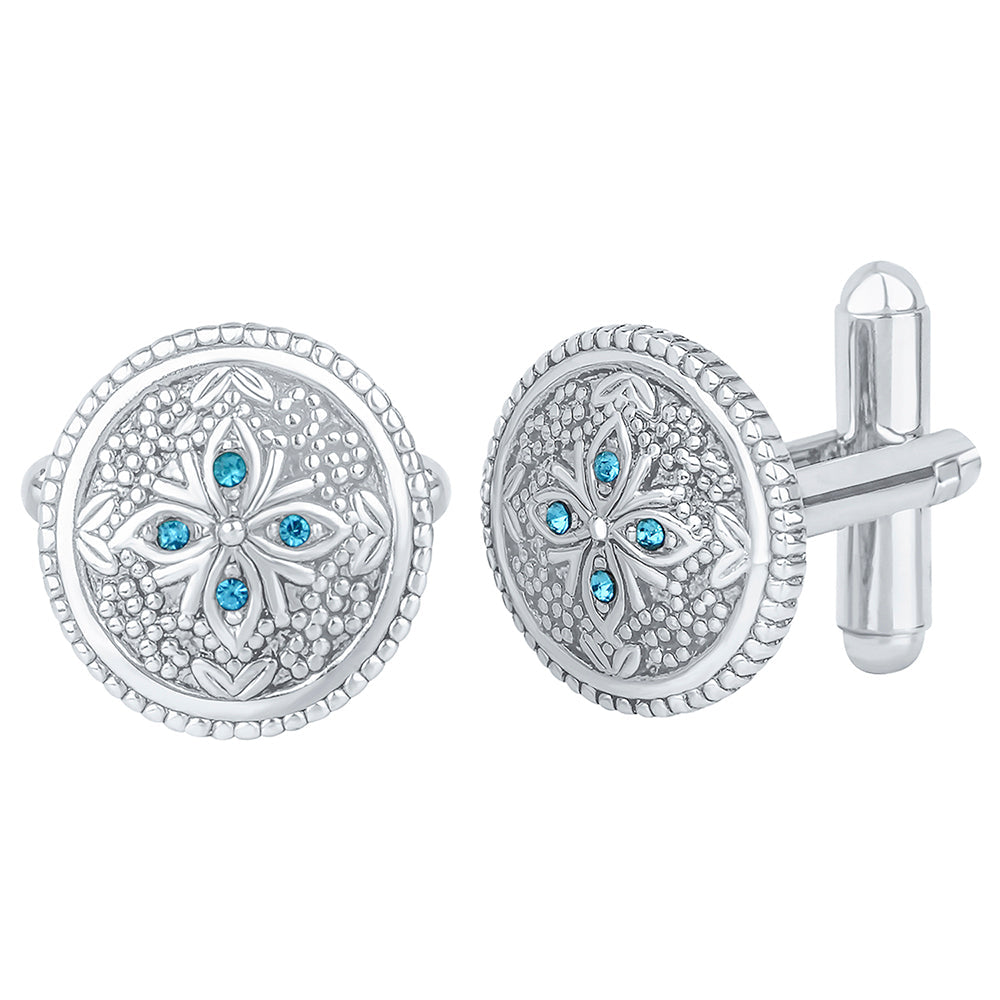 Mahi Solitaire Blue Crystal Silver Plated Floral Cufflink for Mens and Boys (CL1100542RBlu)